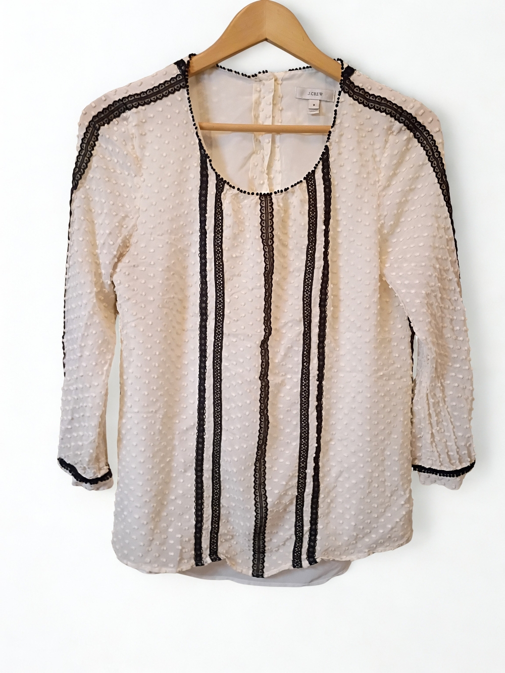 J. Crew Ivory Blouse Swiss Dot Black Lace Trim Romance Whimsigoth Size 8 Sheer